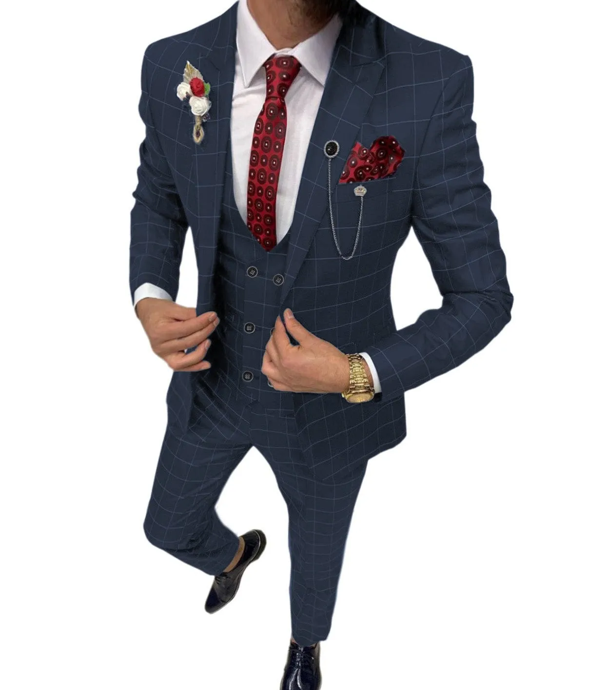 Formal Mens Suit 3 Pieces Check Plaid  Peak Lapel Tuxedos for Wedding (Blazer Vest Pants)