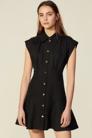 French Style Cap Sleeve Button Front Shirt Mini Dress - Black