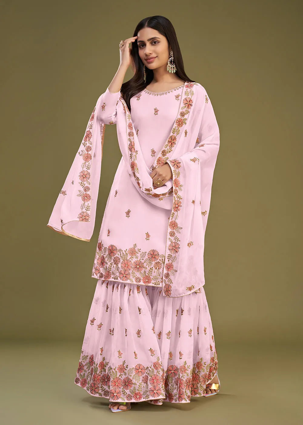 Georgette Pink Multi Thread Embroidered Gharara Suit