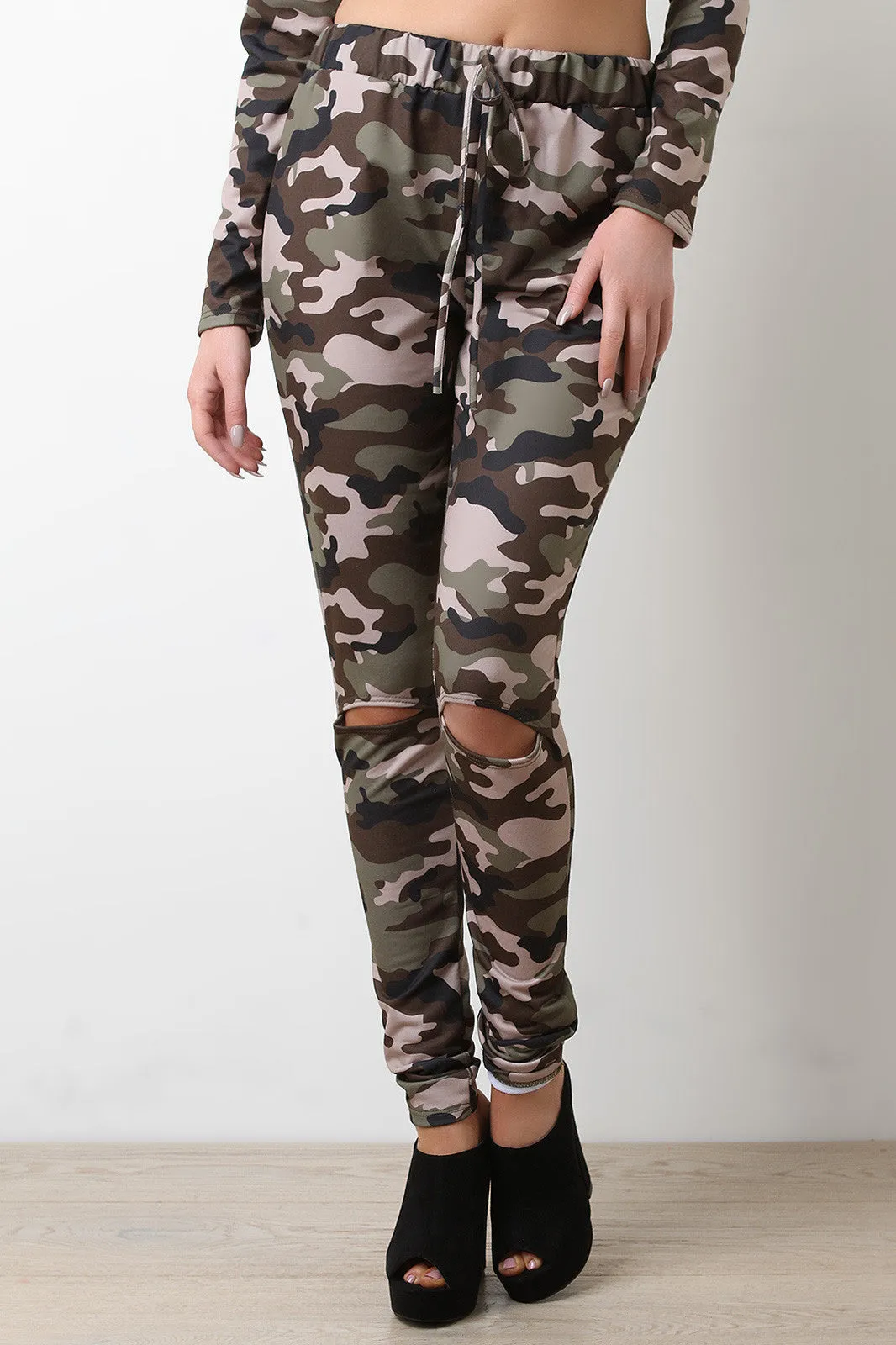 High Waisted Camouflage Slit Knees Jogger Pants