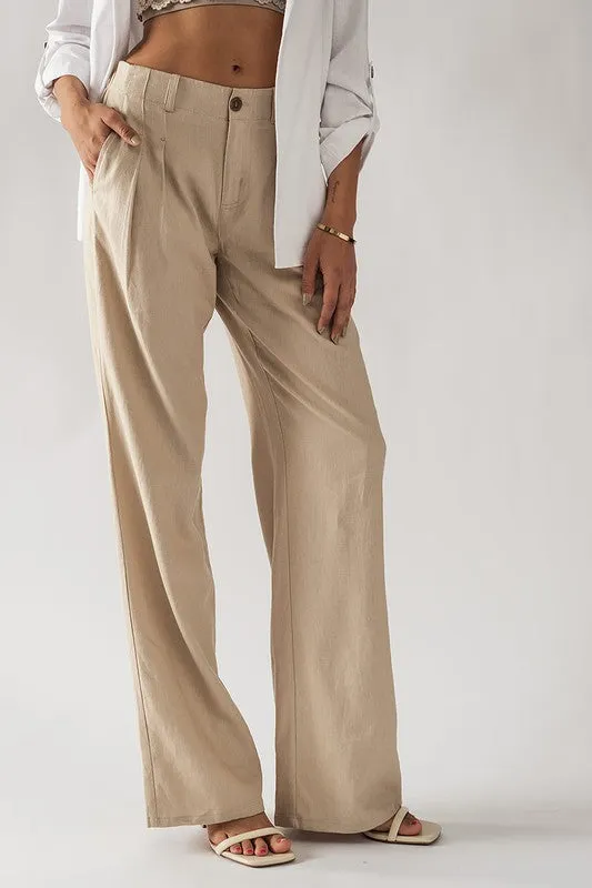 High Waisted Linen Pants in Beige