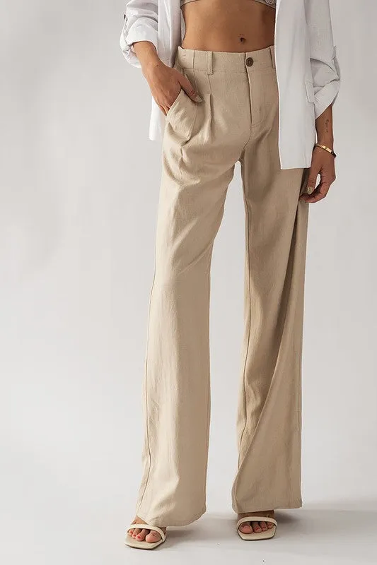 High Waisted Linen Pants in Beige