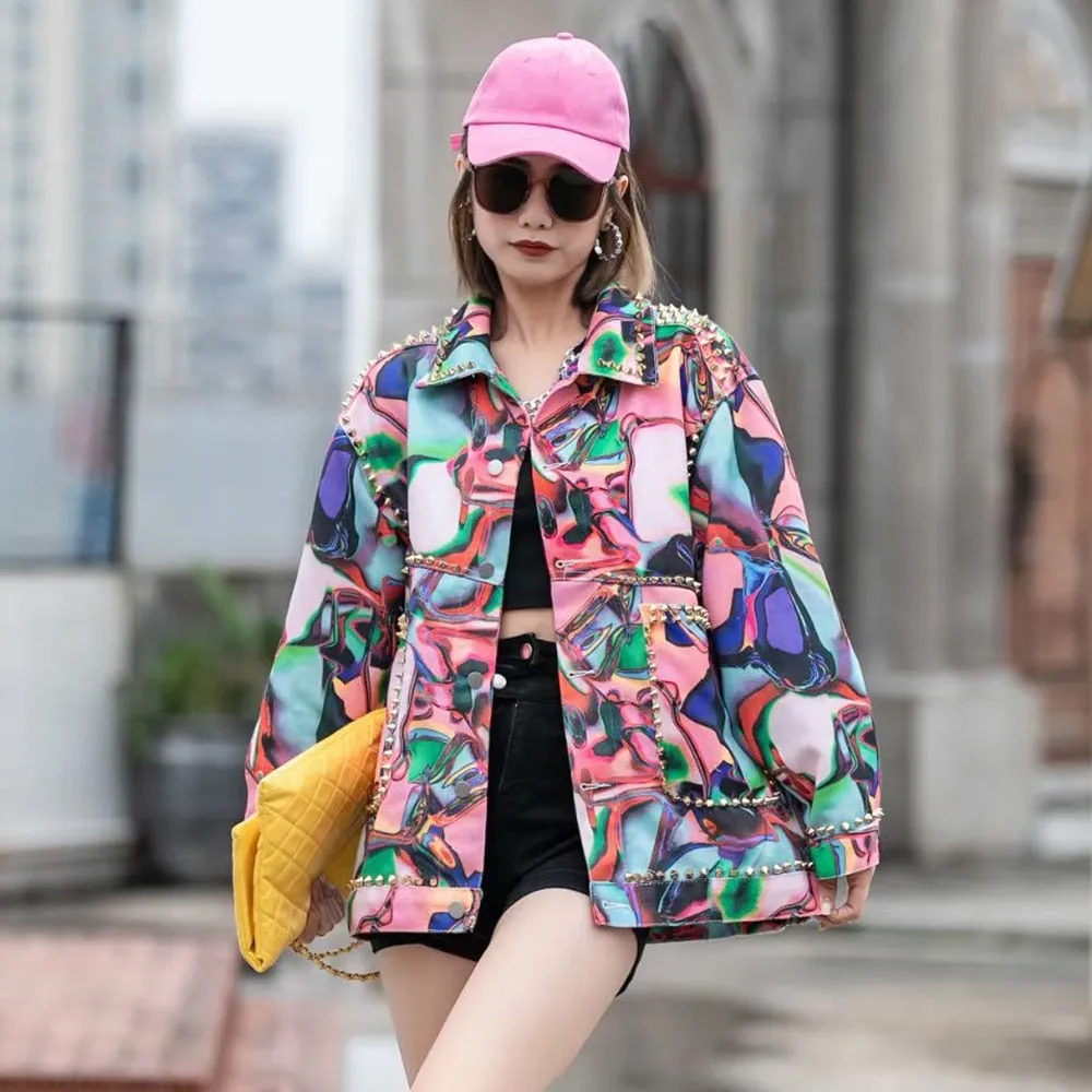 Hit Color Patchwork Rivet Jackets For Women Lapel Long Sleeve Denim Loose Jacket Female Fashion Style Clothing