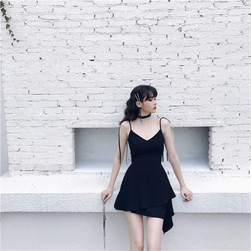 Irregular Hem Temperament Strap Little Black Dress