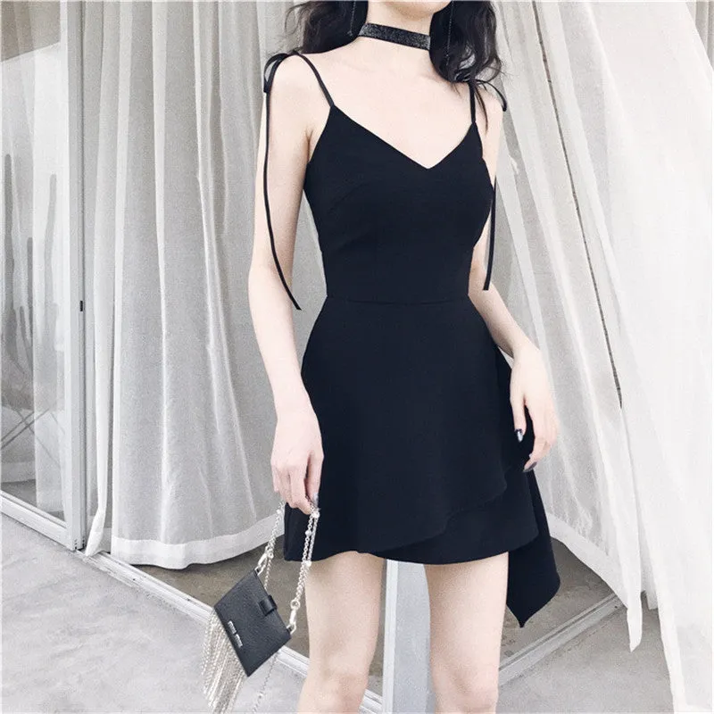 Irregular Hem Temperament Strap Little Black Dress