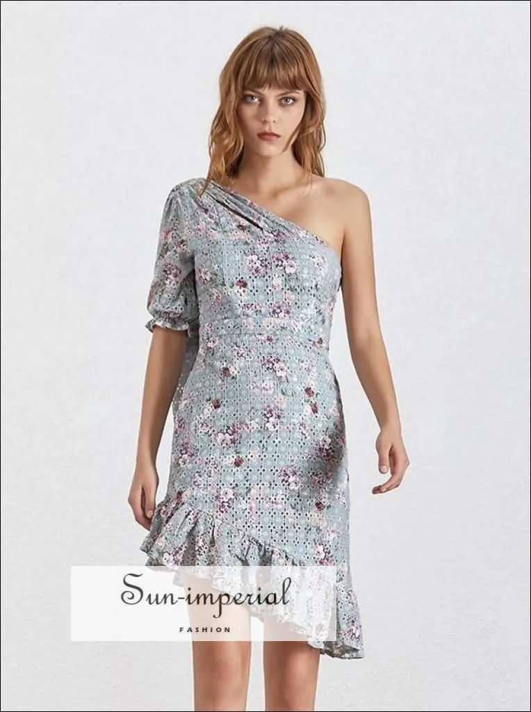 Ithaca Dress - One Shoulder Floral Print Mini Dress Half Sleeve High Waist Lace Ruffles Asymmetrical