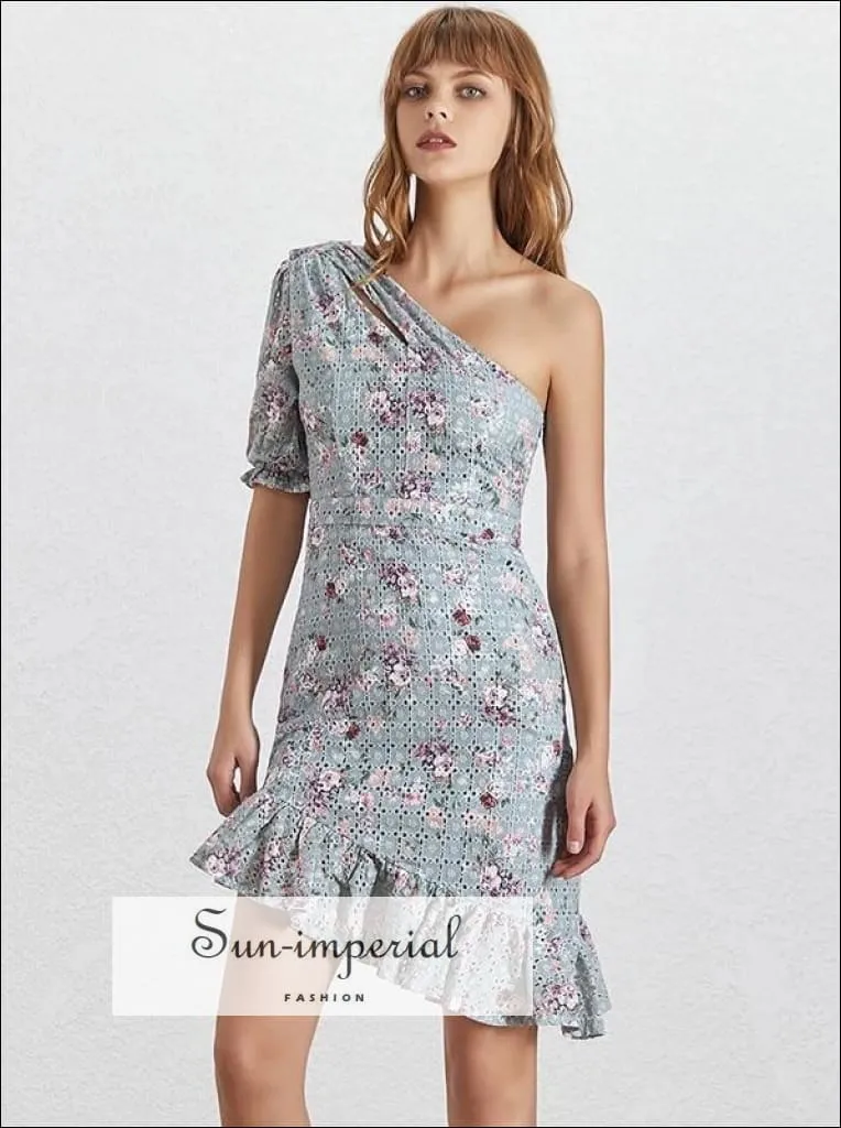 Ithaca Dress - One Shoulder Floral Print Mini Dress Half Sleeve High Waist Lace Ruffles Asymmetrical