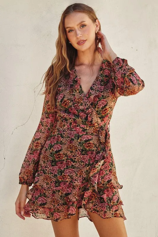 Jamie Long Sleeve Floral Print Wrap Mini Dress Rose