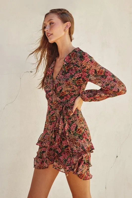 Jamie Long Sleeve Floral Print Wrap Mini Dress Rose