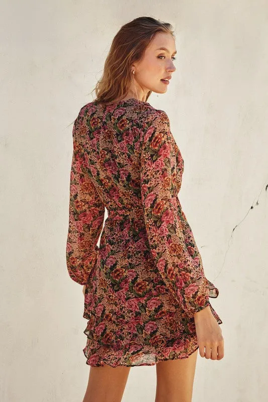 Jamie Long Sleeve Floral Print Wrap Mini Dress Rose