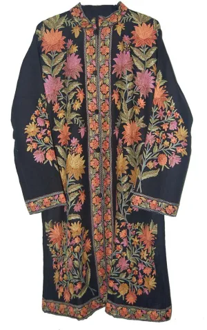 Kashmiri Woolen Coat Black, Multicolor Embroidery #AO-1051