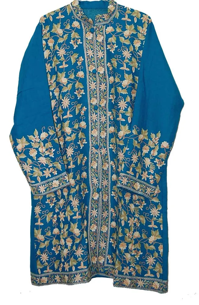 Kashmiri Woolen Coat Sky Blue, Multicolor Embroidery #AO-1151