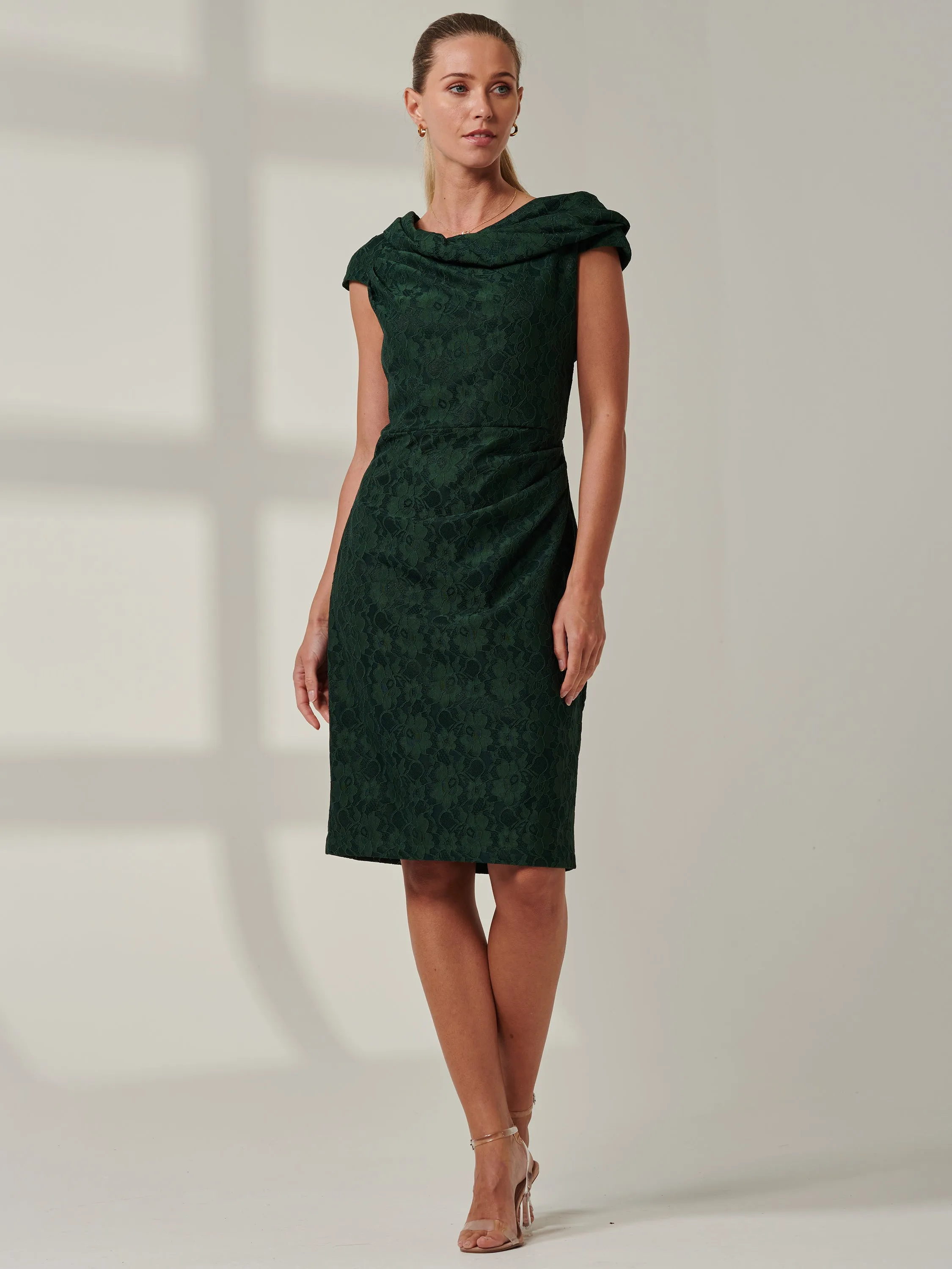 Lace Bonded Bardot Neck Dress, Dark Green