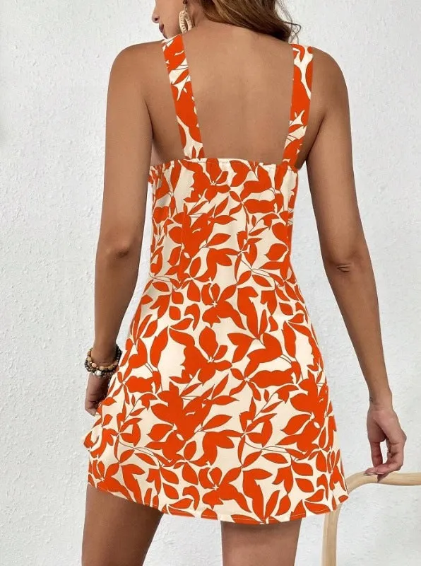 Leaf Print Sleeveless Ruffle Hem Overall Dress