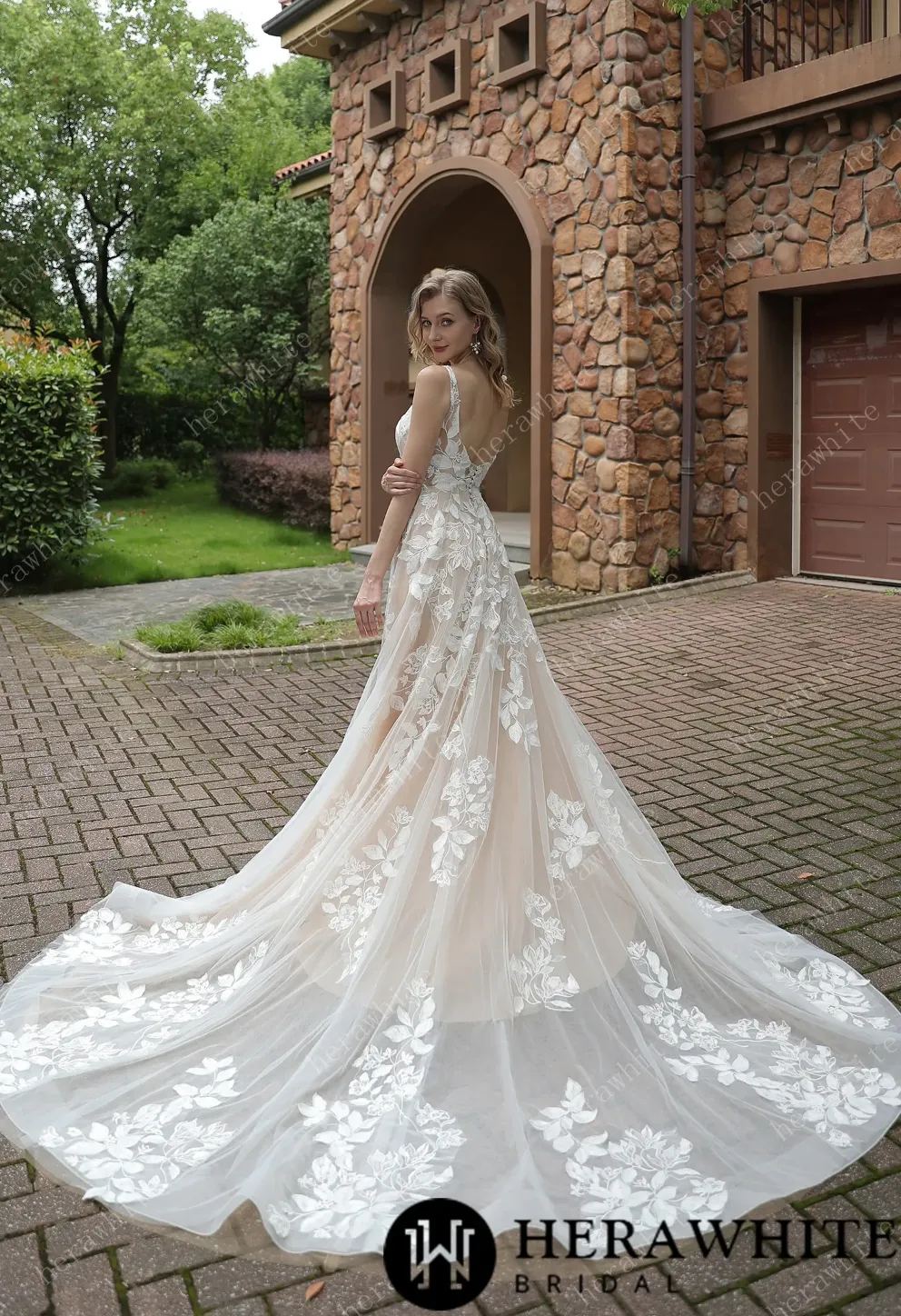 Luxurious Floral Lace A-Line Wedding Dress with Sheer Train