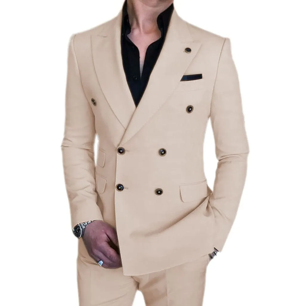 Mens 2 Piece Suit Slim Fit Double Breasted Blazer and Pants Solid Color Prom Tuxedo