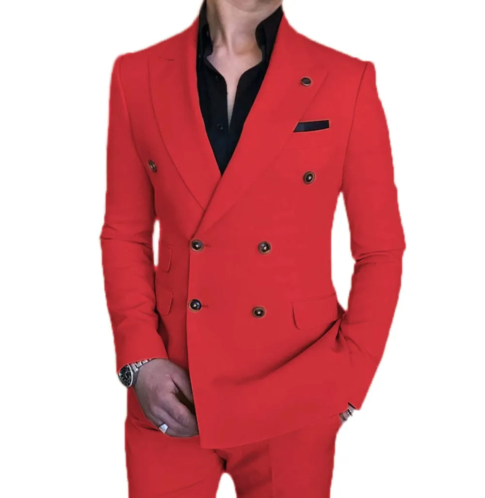 Mens 2 Piece Suit Slim Fit Double Breasted Blazer and Pants Solid Color Prom Tuxedo