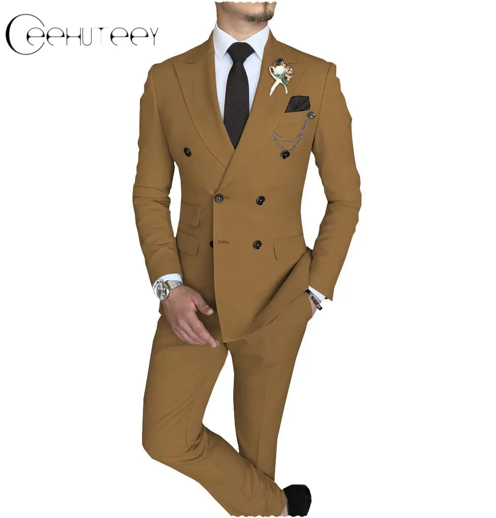 Mens 2 Piece Suit Slim Fit Double Breasted Peak Lapel Mens Coat (Blazer Pants)