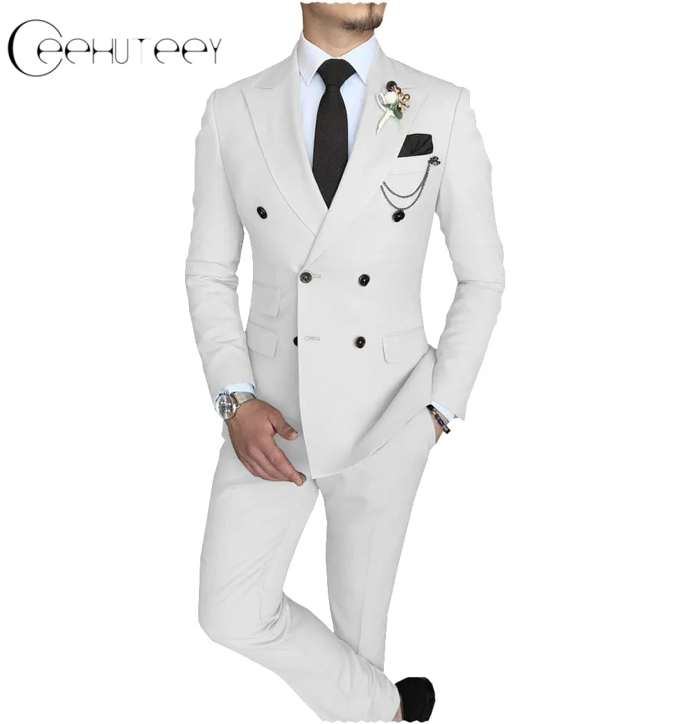 Mens 2 Piece Suit Slim Fit Double Breasted Peak Lapel Mens Coat (Blazer Pants)