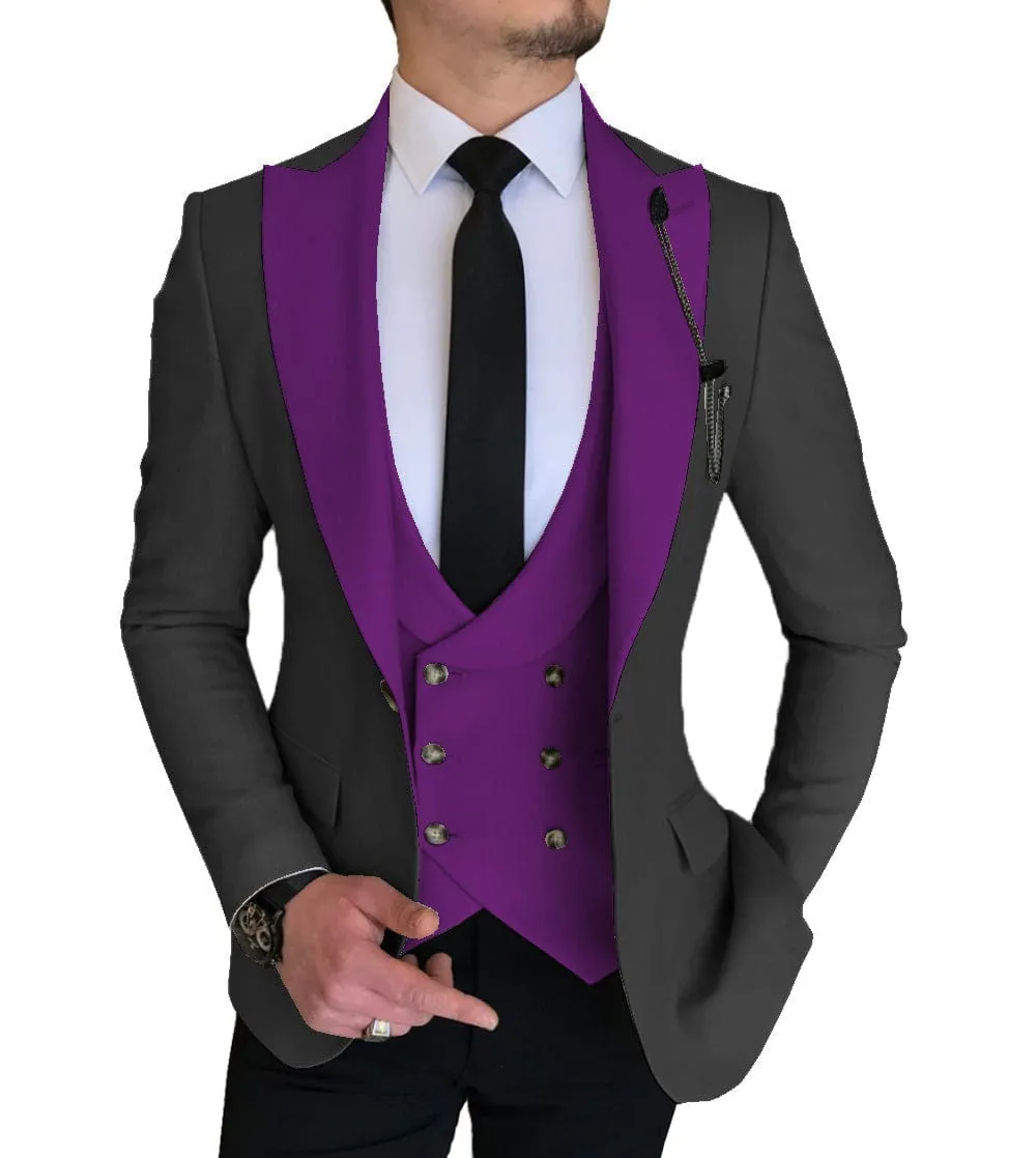 Mens 3 Piece Slim Fit Vest Solid Peak Lapel Tuxedo (Blazer   Vest   Pants)