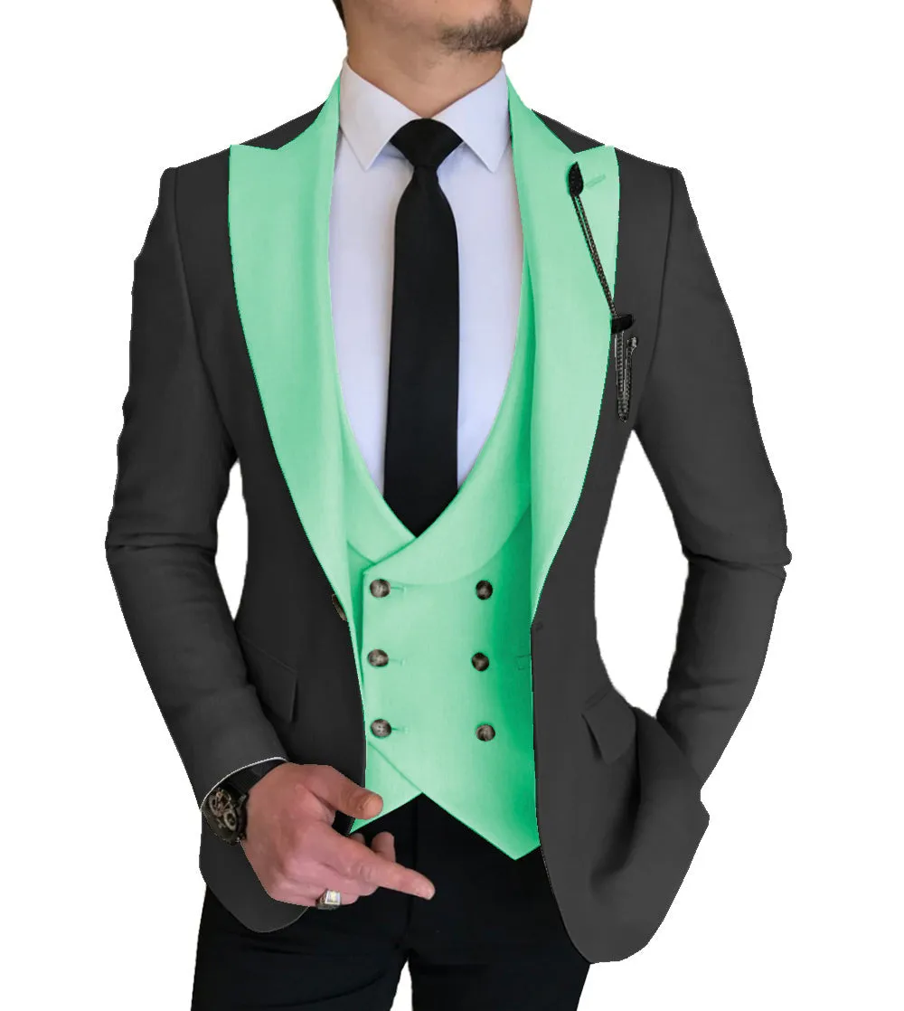 Mens 3 Piece Slim Fit Vest Solid Peak Lapel Tuxedo (Blazer   Vest   Pants)