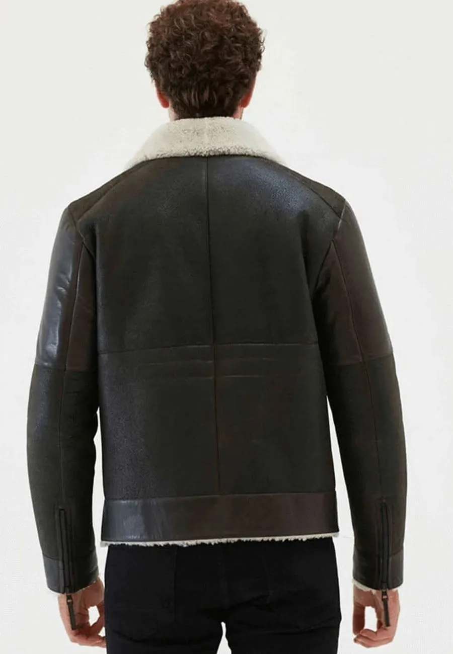 Men’s Black Leather White Shearling Collar Jacket