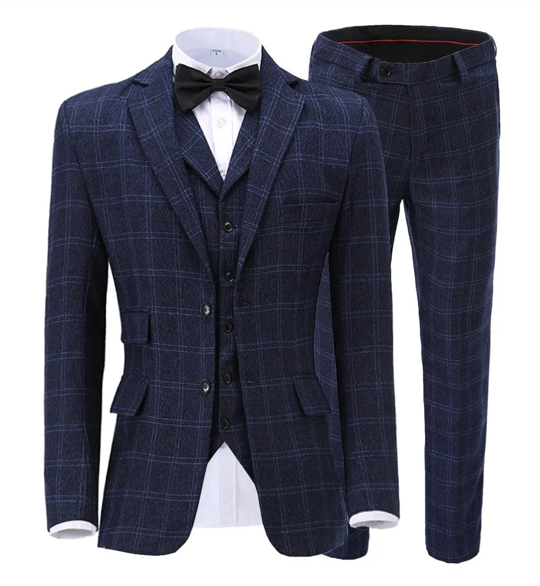 Mens Plaid 3 Piece Suits Slim Fit Double Breasted Plaid(Blazer vest Pants)