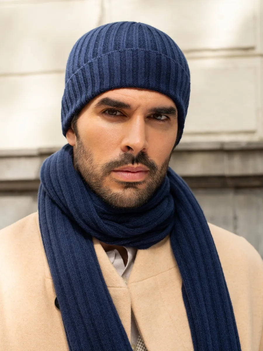 Milano (navy blue) - 100% cashmere ribbed beanie (unisex)