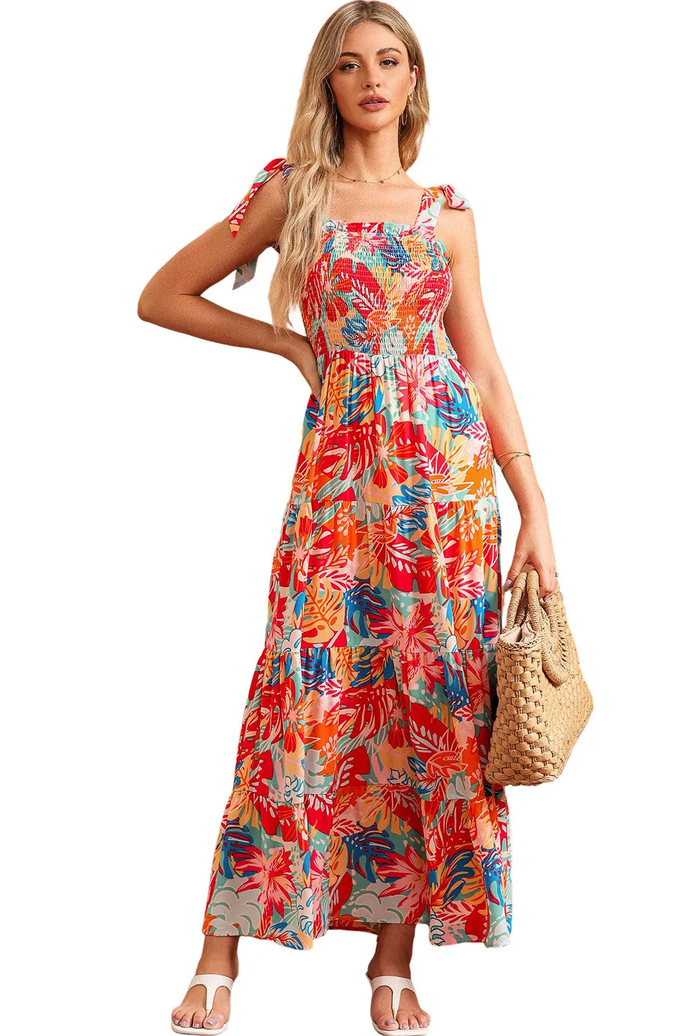 Multicolor Boho Tropical Print Smocked Ruffle Tiered Maxi Dress