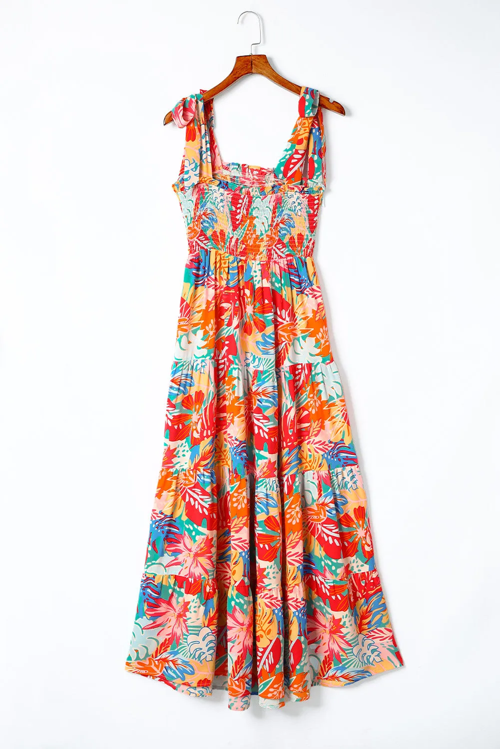 Multicolor Boho Tropical Print Smocked Ruffle Tiered Maxi Dress