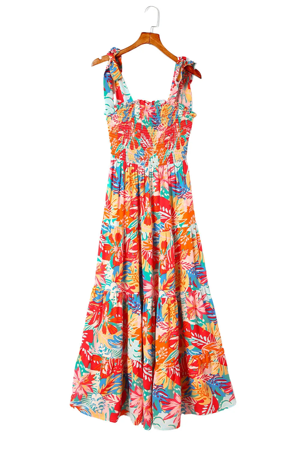 Multicolor Boho Tropical Print Smocked Ruffle Tiered Maxi Dress