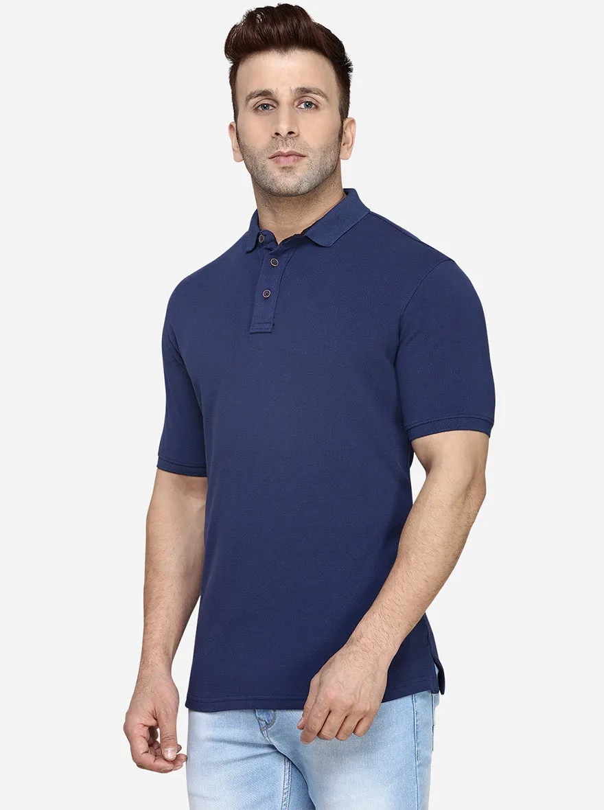 Navy Blue Solid Slim Fit Polo T-Shirt | JadeBlue