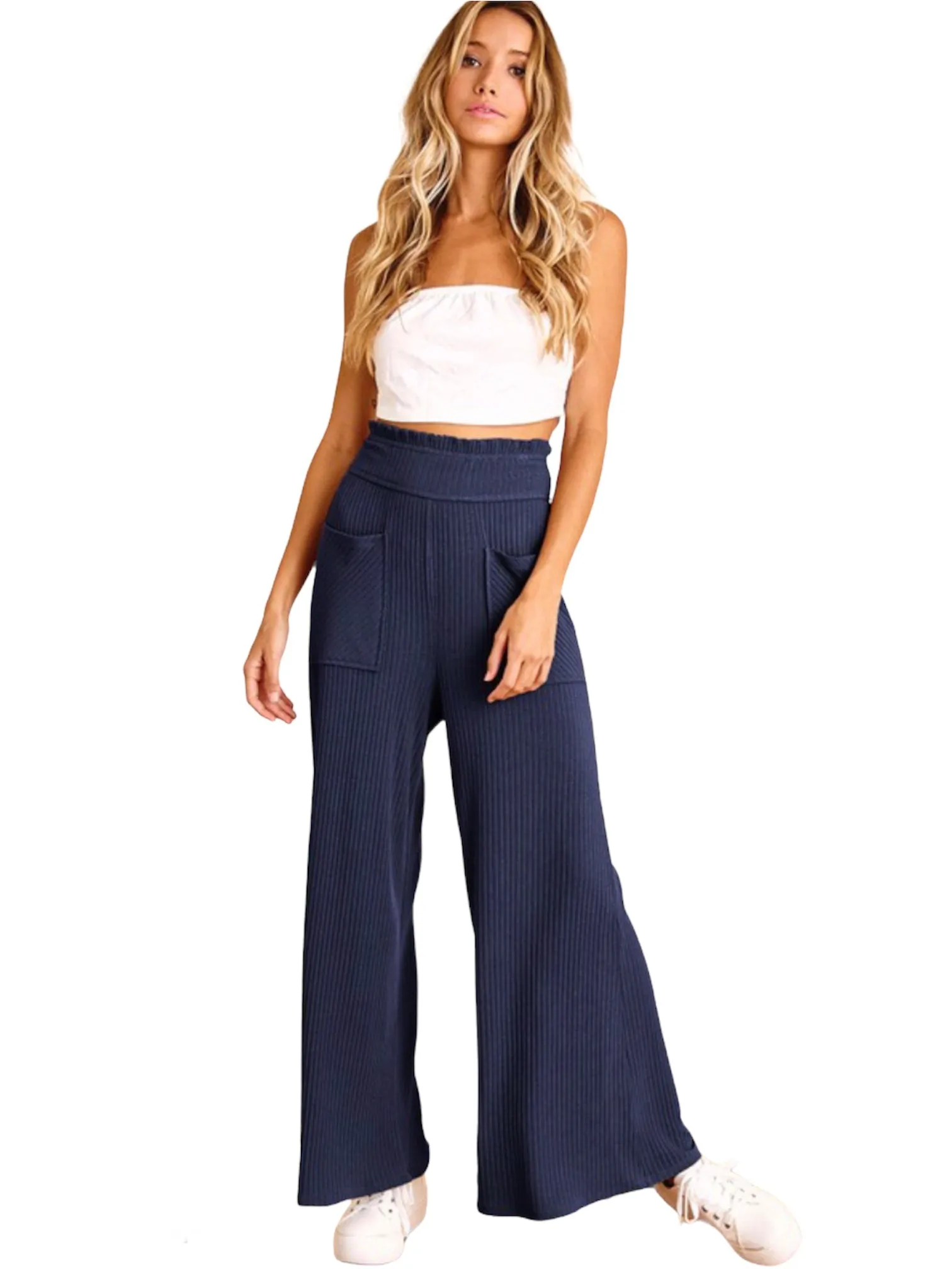 Navy  Ribbed High Waisted Flare Bottoms