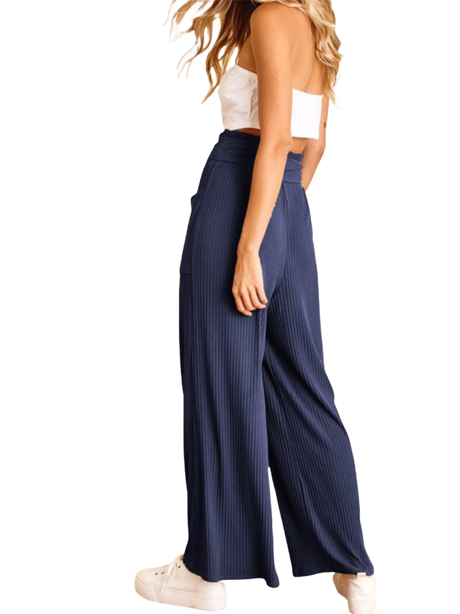 Navy  Ribbed High Waisted Flare Bottoms