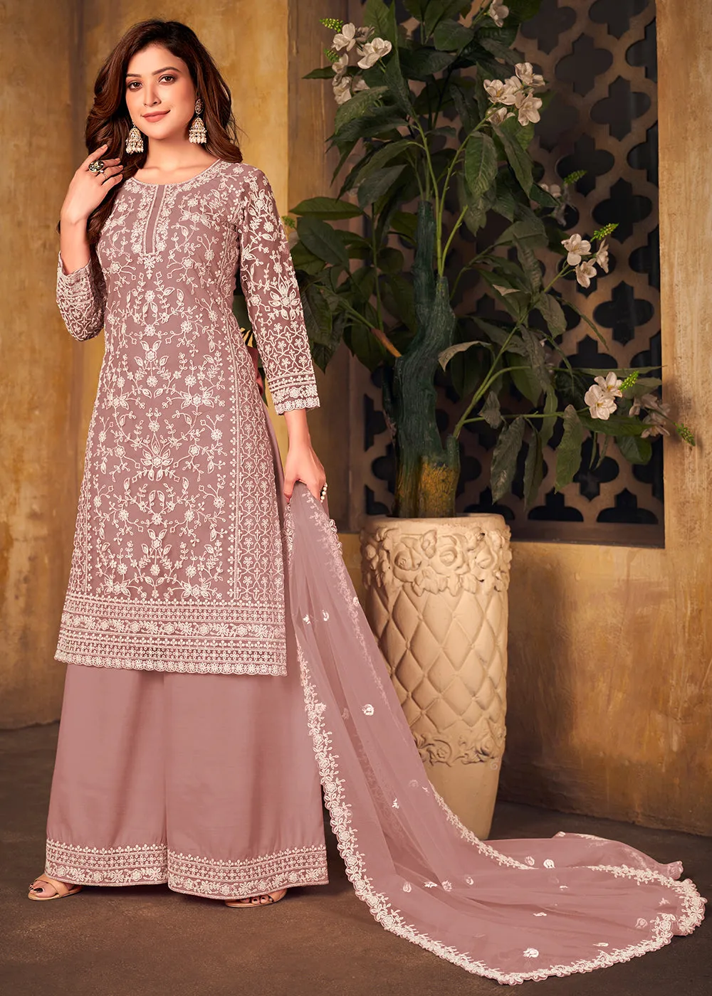 Net Dusty Mauve Ceremonial Embroidered Palazzo Suit