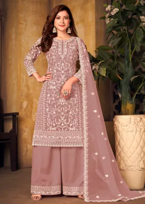 Net Dusty Mauve Ceremonial Embroidered Palazzo Suit