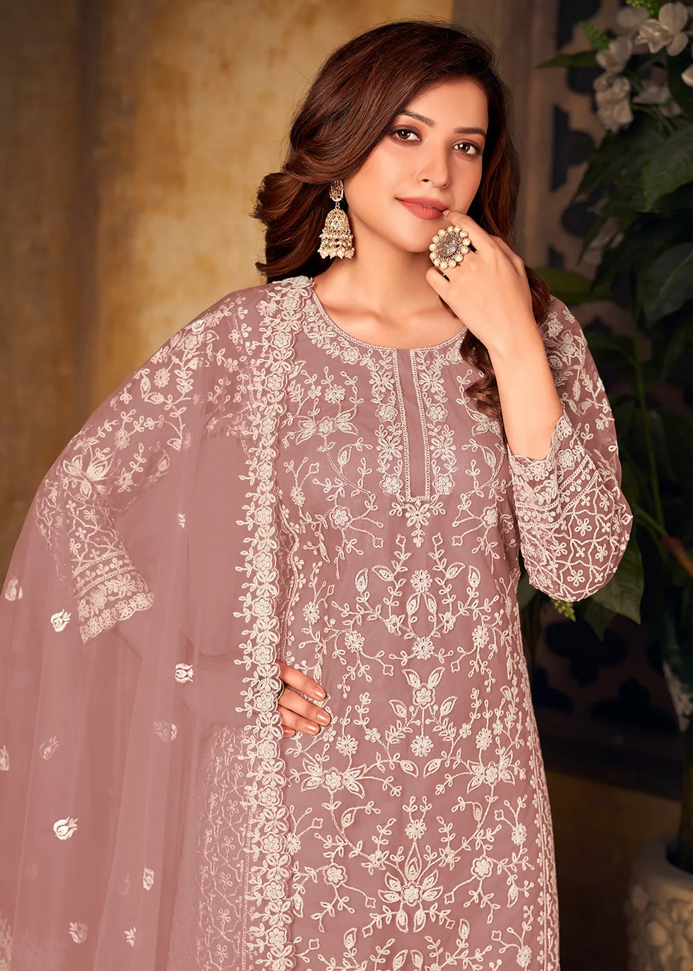 Net Dusty Mauve Ceremonial Embroidered Palazzo Suit