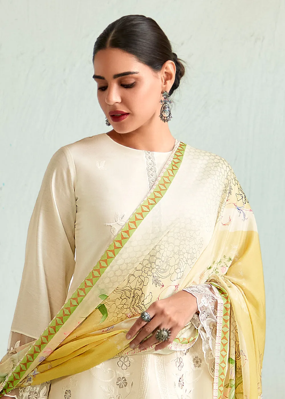 Off White Pure Muslin Resham Embroidered Salwar Suit