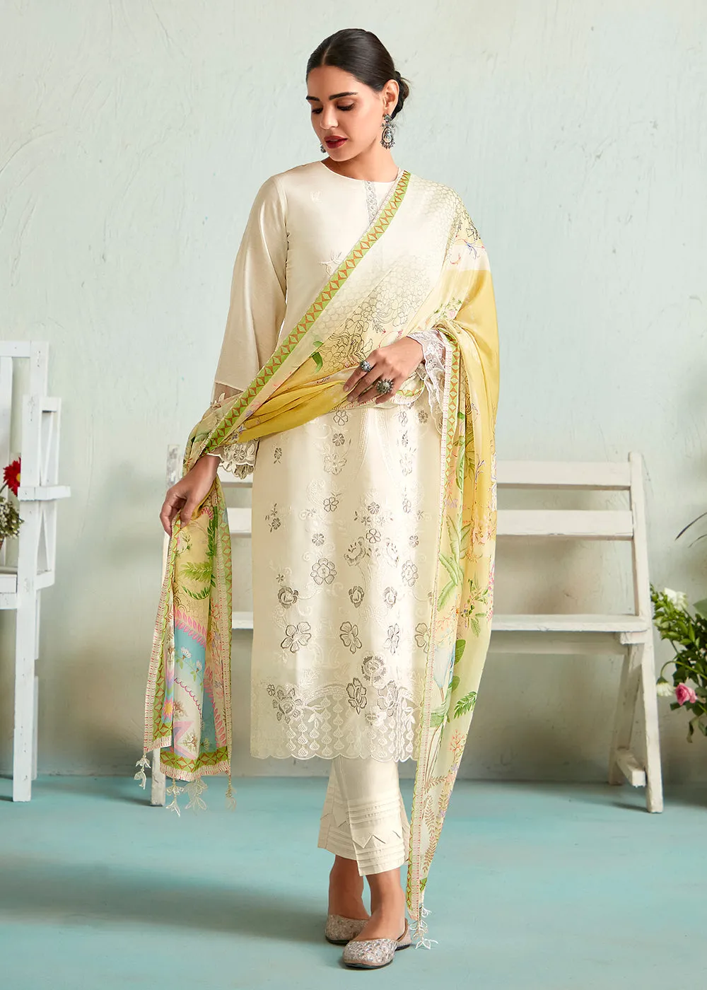 Off White Pure Muslin Resham Embroidered Salwar Suit