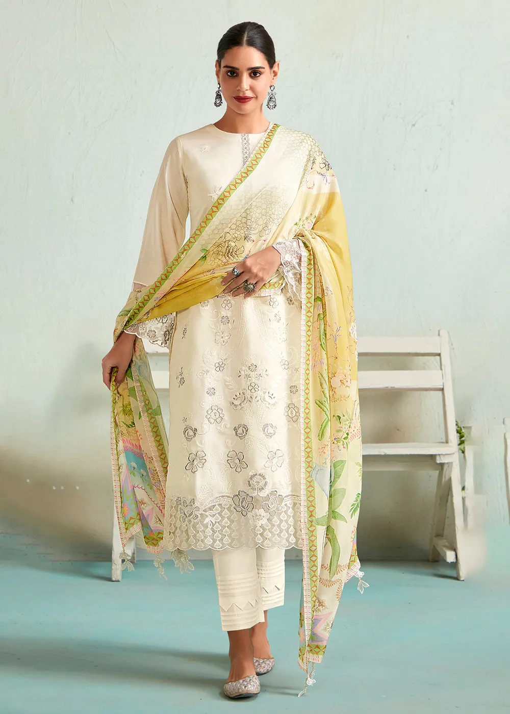 Off White Pure Muslin Resham Embroidered Salwar Suit