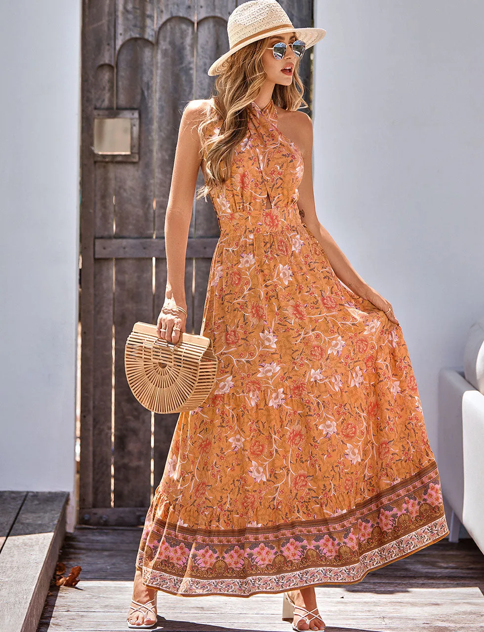 Orange Halter Floral Print Sleeveless Bohemia Holiday Dress For Women