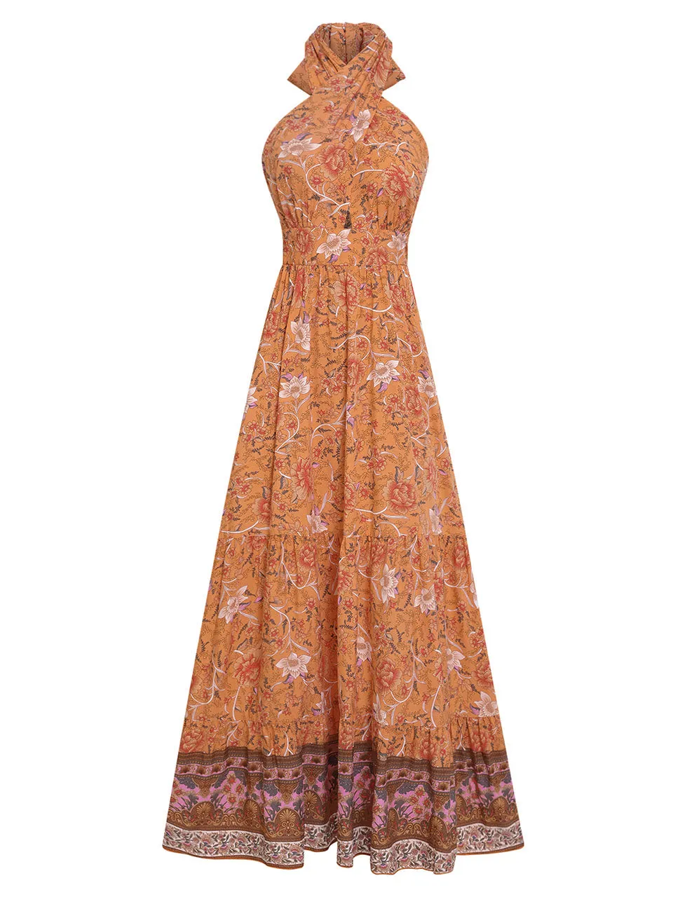 Orange Halter Floral Print Sleeveless Bohemia Holiday Dress For Women