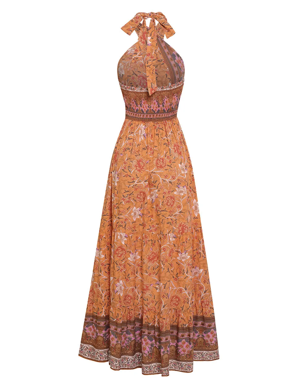 Orange Halter Floral Print Sleeveless Bohemia Holiday Dress For Women