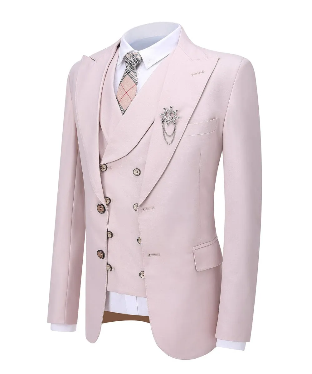 Pink Flat Peak Lapel 3 Pieces Mens Suit For Wedding (Blazer vest Pants)