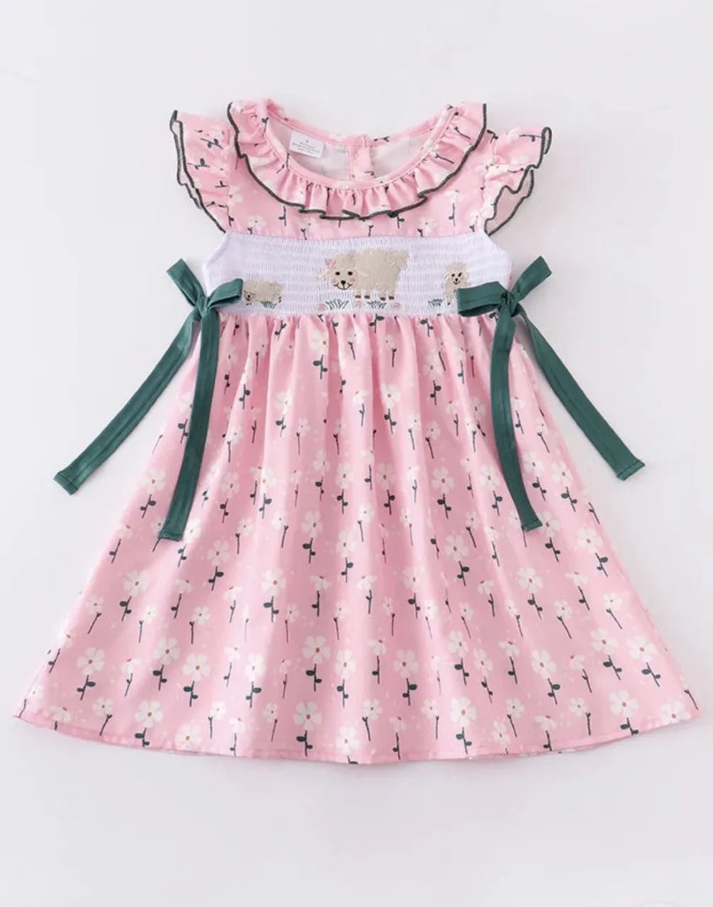 Charming Pink Floral Smocked Dress with Lamb Motif - Perfect for Spring and Summer