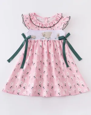 Charming Pink Floral Smocked Dress with Lamb Motif - Perfect for Spring and Summer