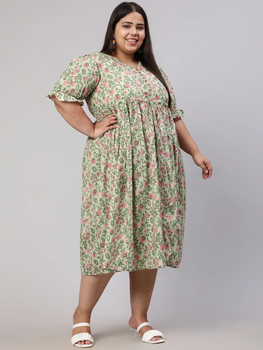 Plus Size Green Ethnic Floral Printed Flared Dress