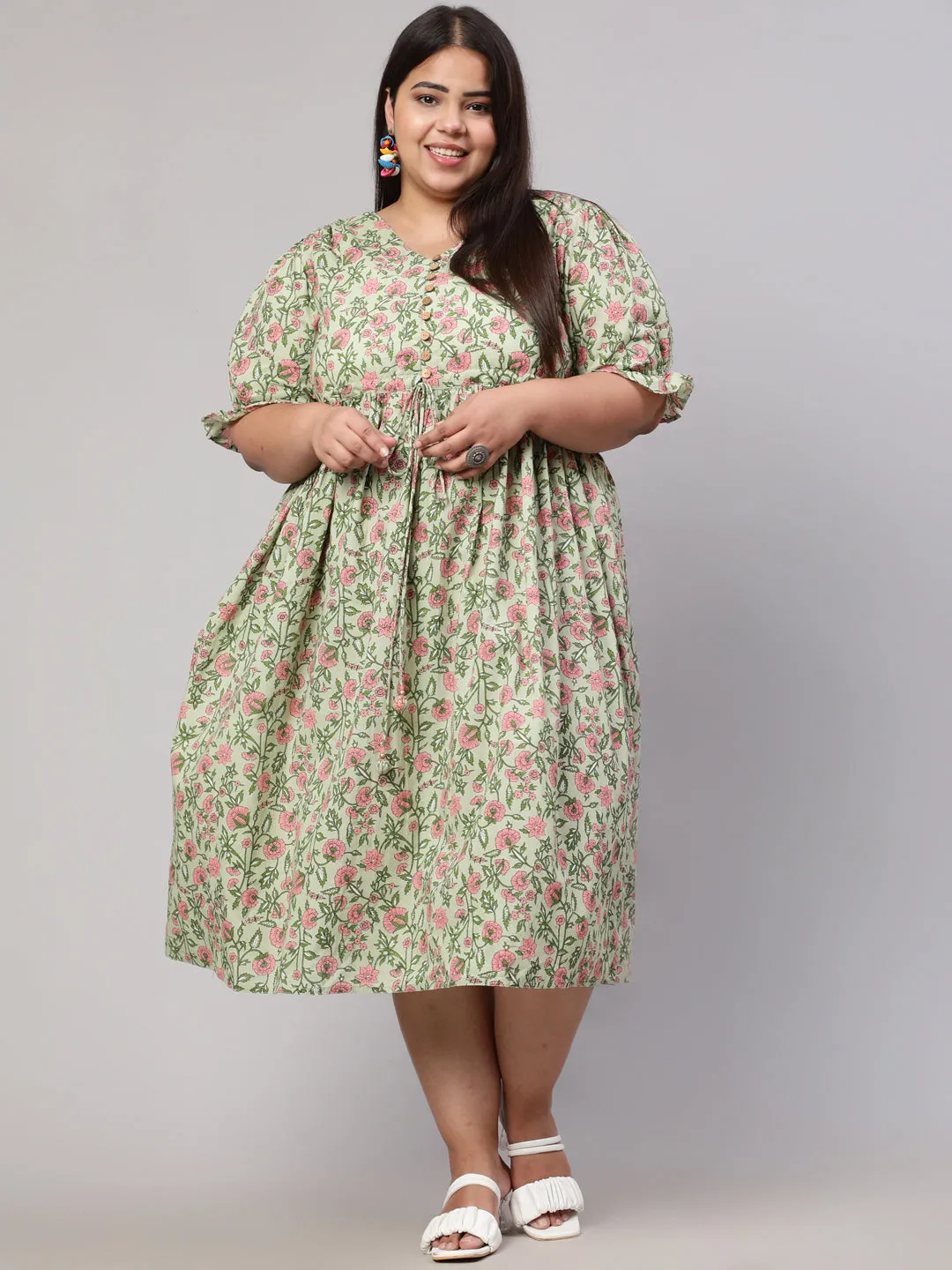 Plus Size Green Ethnic Floral Printed Flared Dress