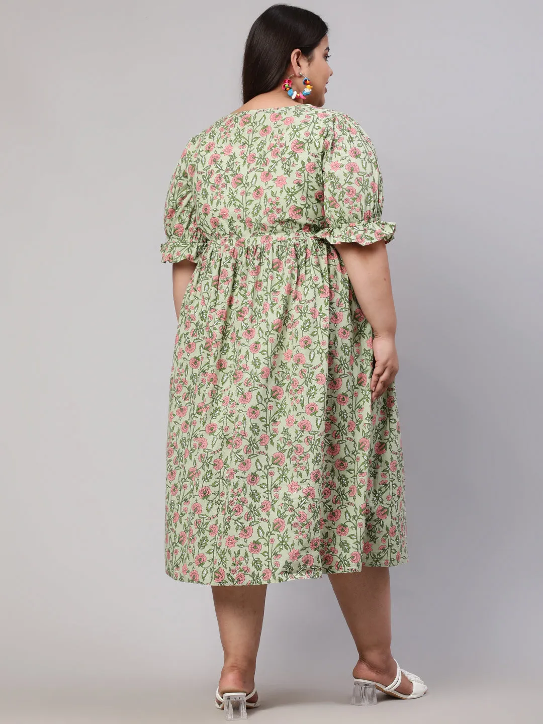 Plus Size Green Ethnic Floral Printed Flared Dress