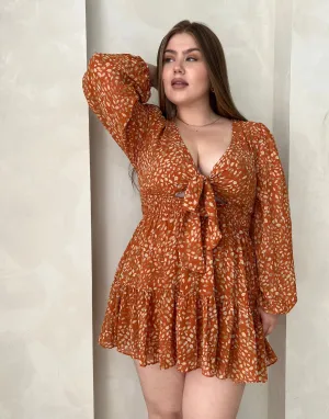 Plus Size Long Sleeve Tie Front Printed Dress